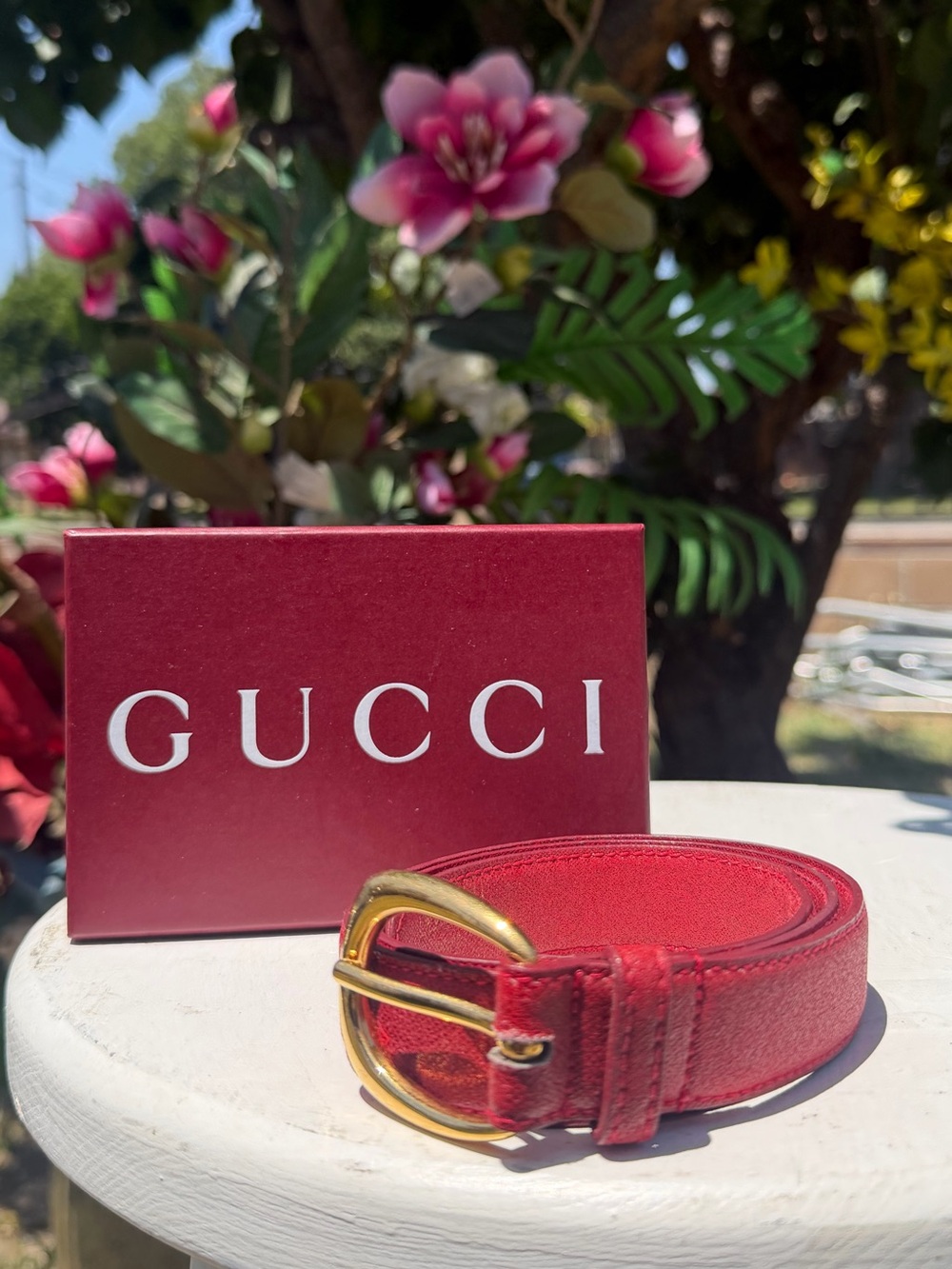 Gucci Red Leather Belt with Gold-Tone Buckle